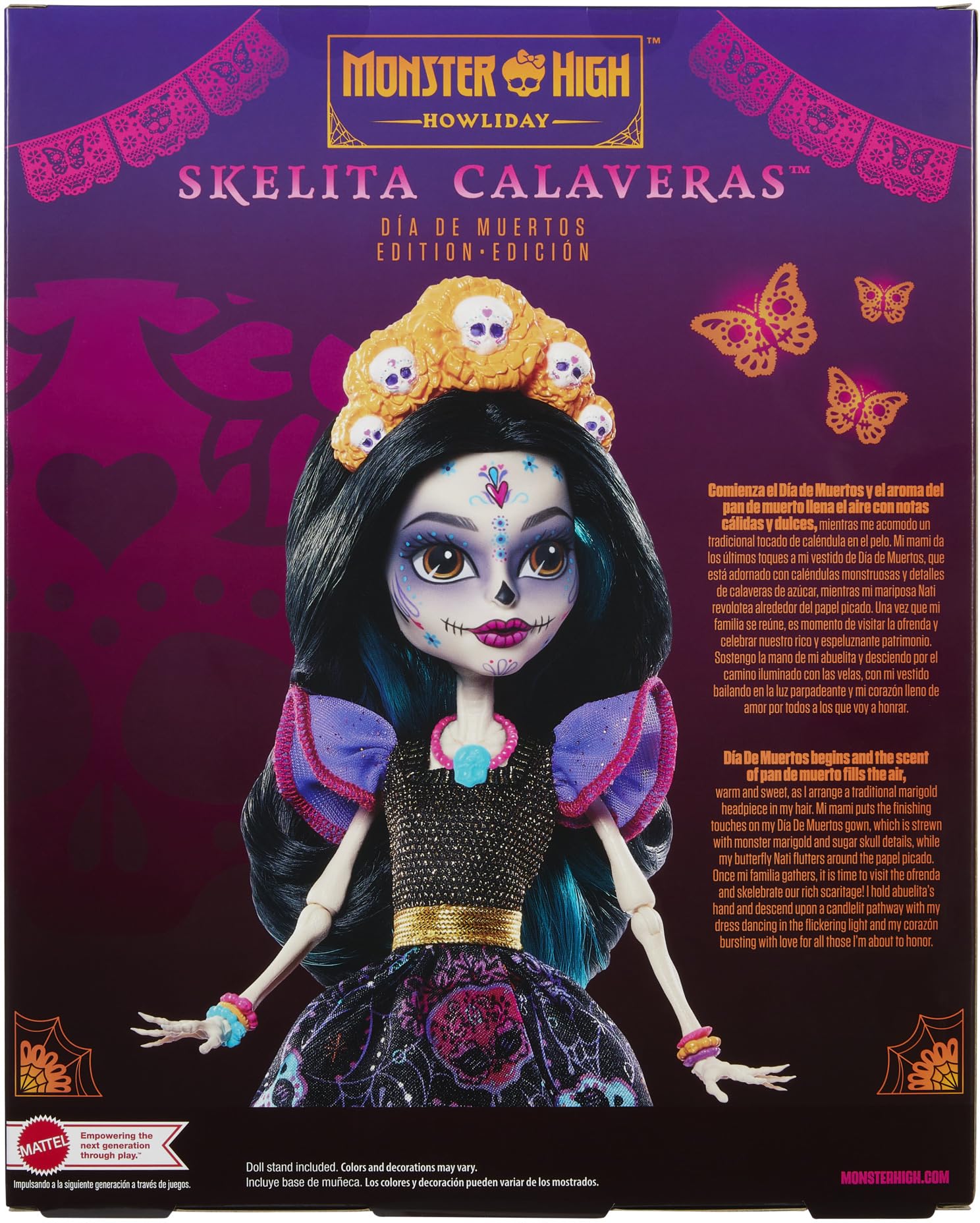 Monster High Skelita Calaveras fashion shimmers in a gothic gown with skull detailing.