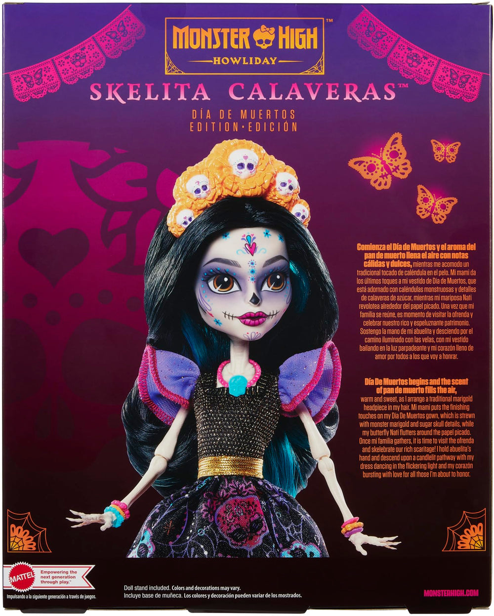 Monster High Skelita Calaveras fashion shimmers in a gothic gown with skull detailing.