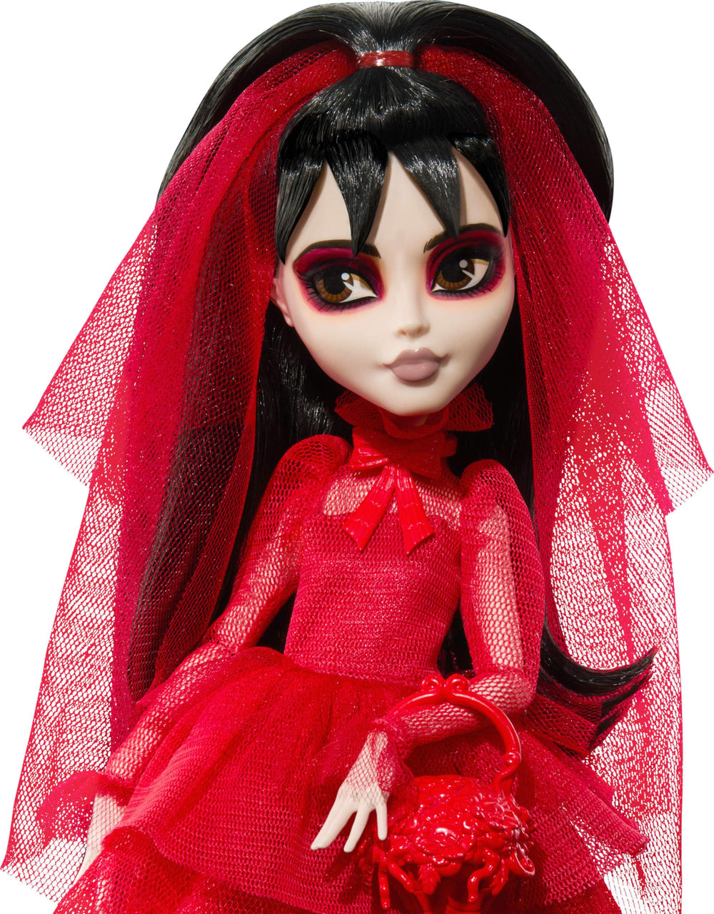 Lydia Deetz with sheer veil and bow—eerie elegance for display.