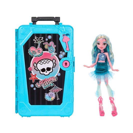 Monster High Skulltimate Secrets Lagoona Blue doll inside luggage case for imaginative travel play.
