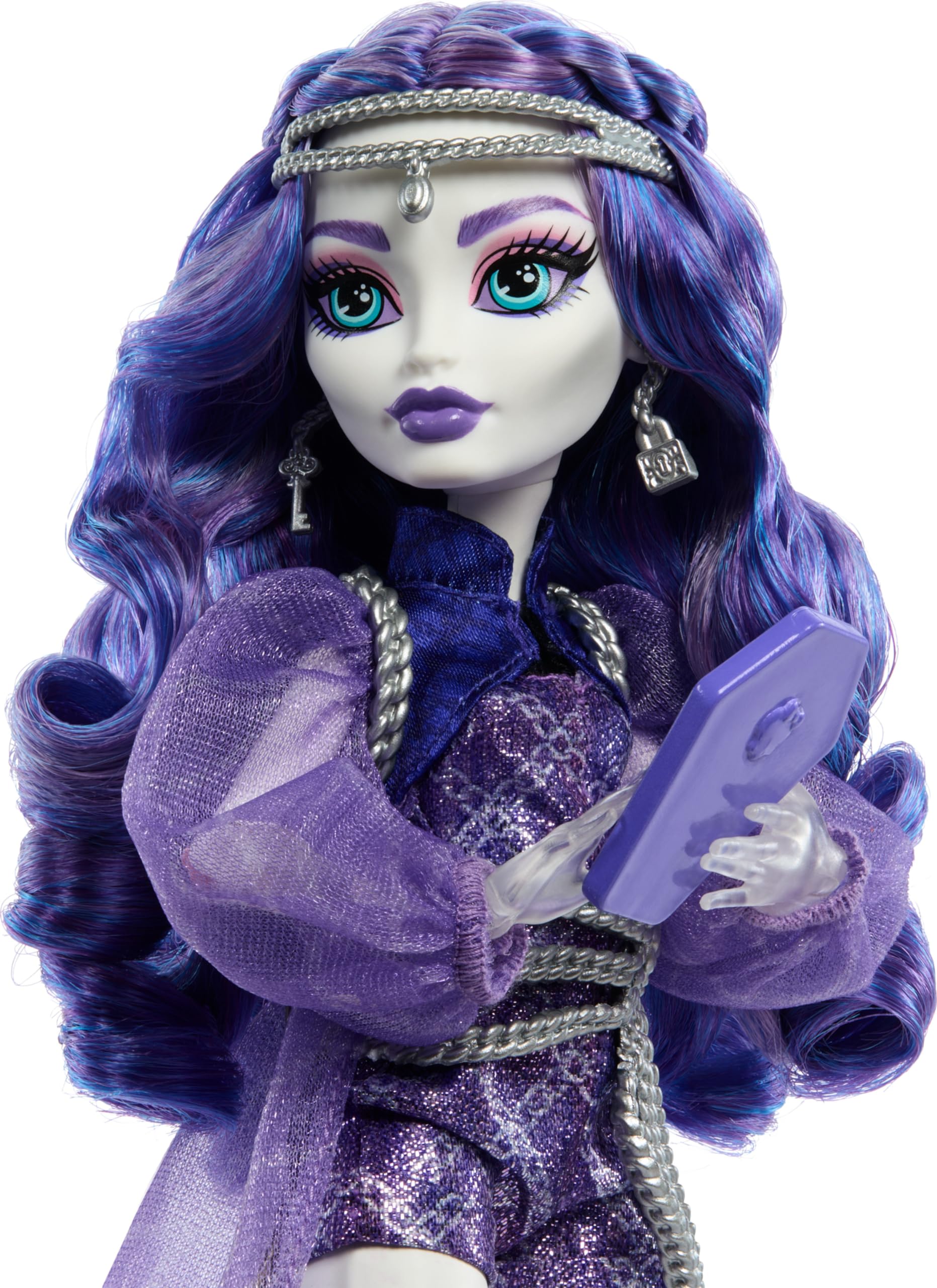 Monster High Spectra doll with ball and chain belt and matching shoes.