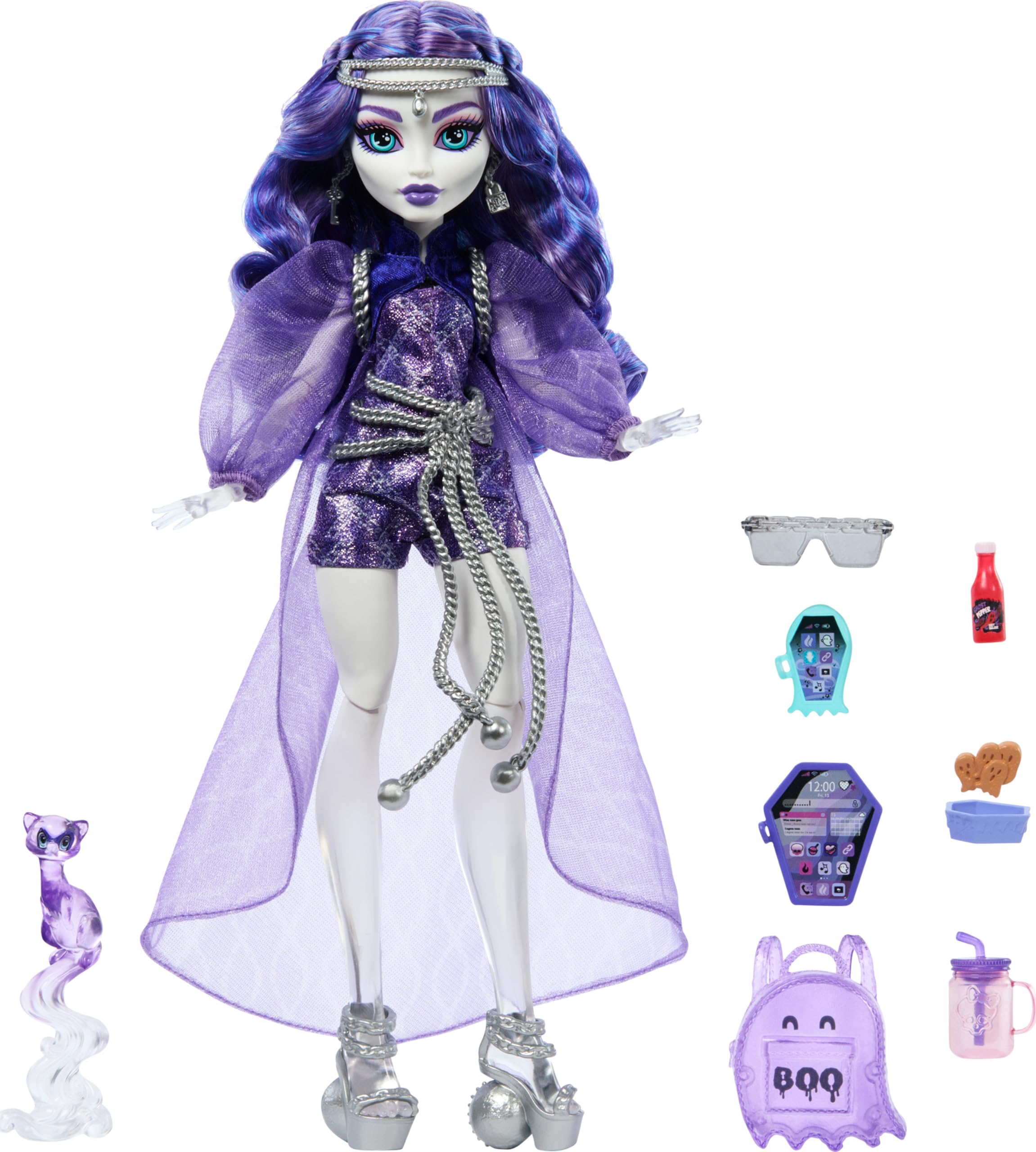 Monster High Spectra Vondergeist doll wearing sheer overcoat for imaginative storytelling.