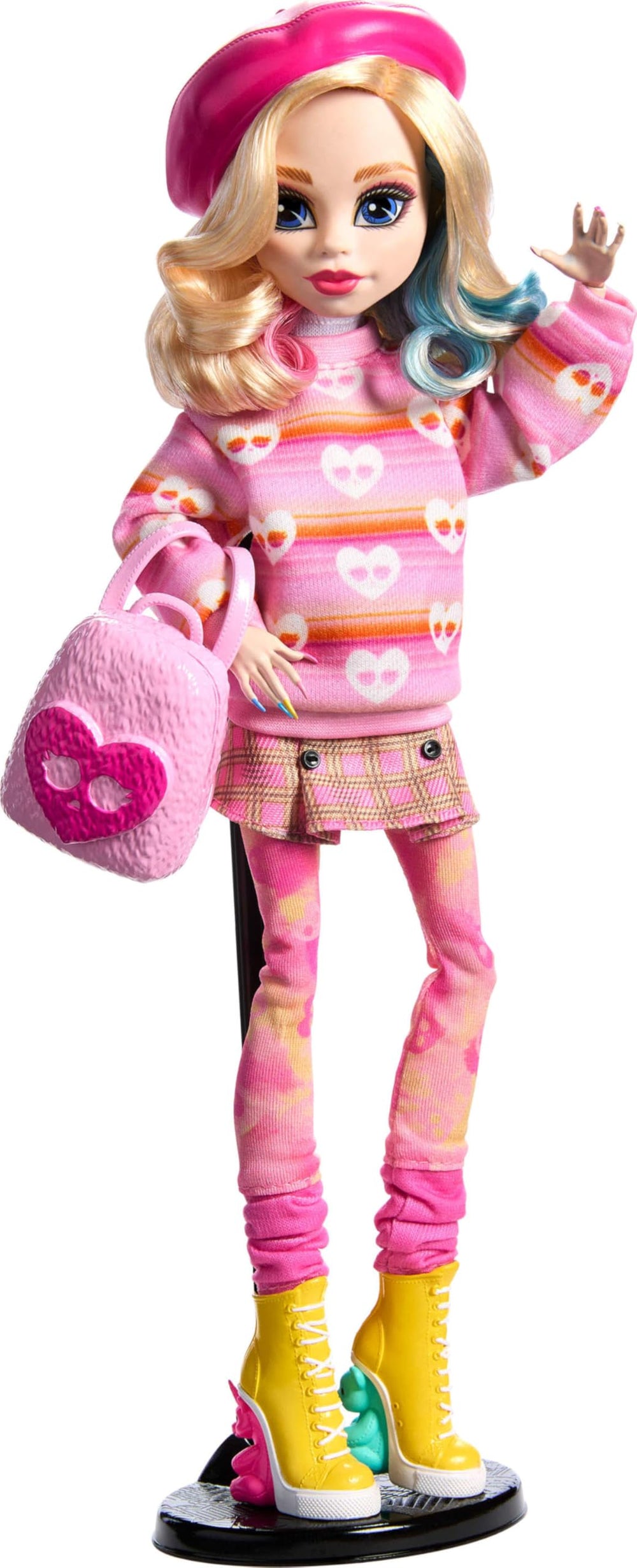 Monster High Enid Sinclair doll with pink beret accessory.