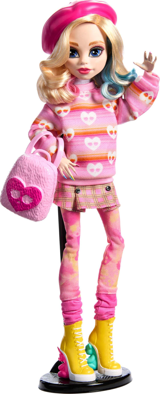 Monster High Enid Sinclair doll with pink beret accessory.