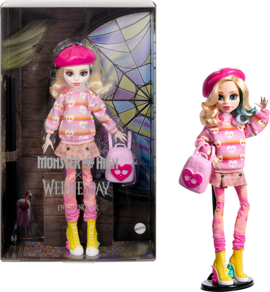 Monster High Enid Sinclair doll in pink fashion ready for display.