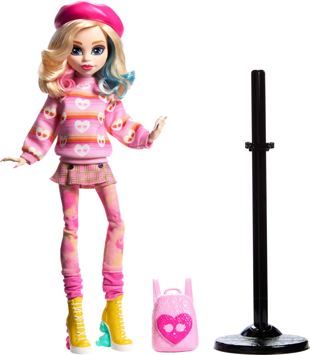Monster High Enid Sinclair doll stand included for stable posing.