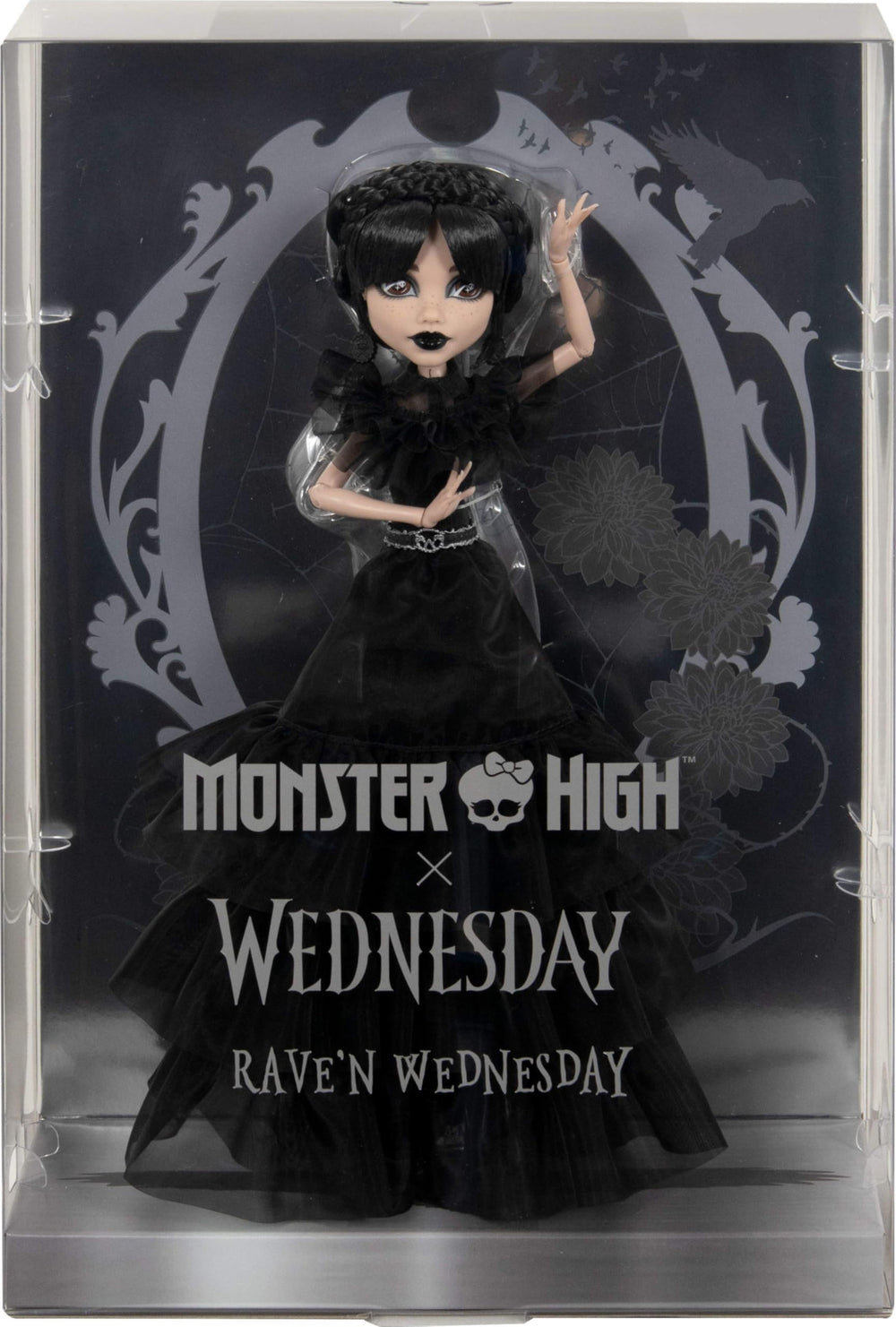 Front packaging view of Monster High Wednesday Raven N doll.