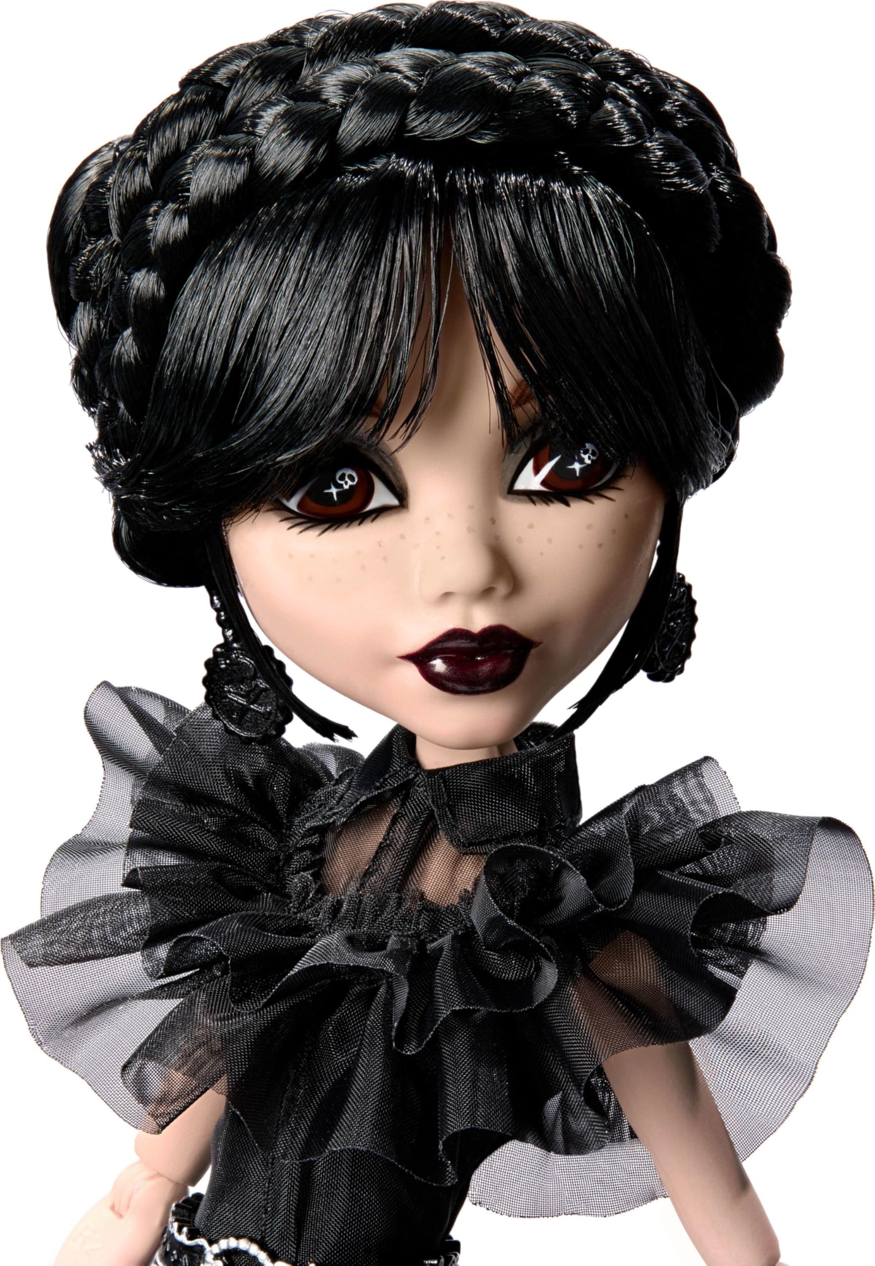 Close-up of the Raven N dress detailing organza layers on Monster High Wednesday doll.