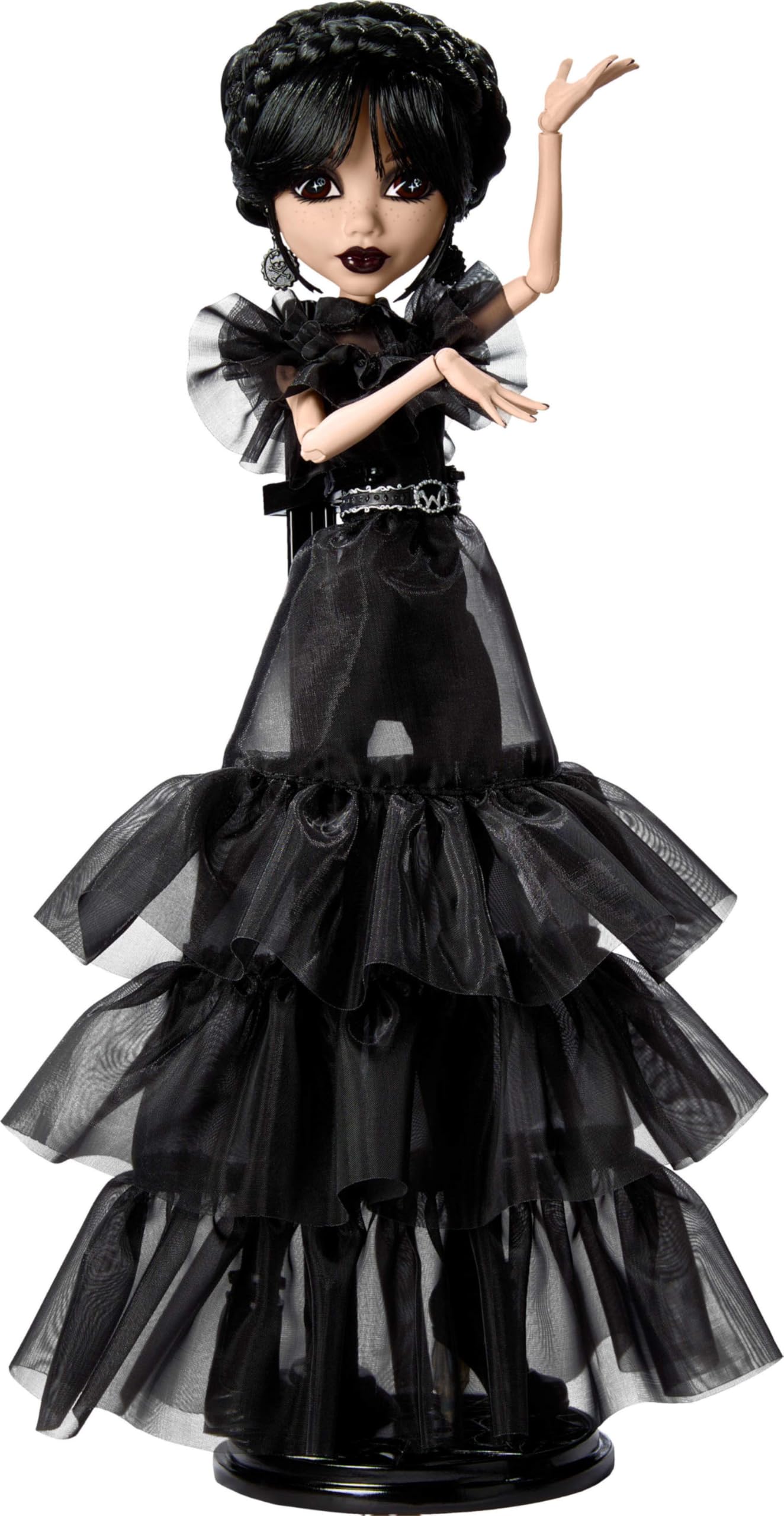 Monster High Wednesday Raven N dress in a black Gothic gown for display.