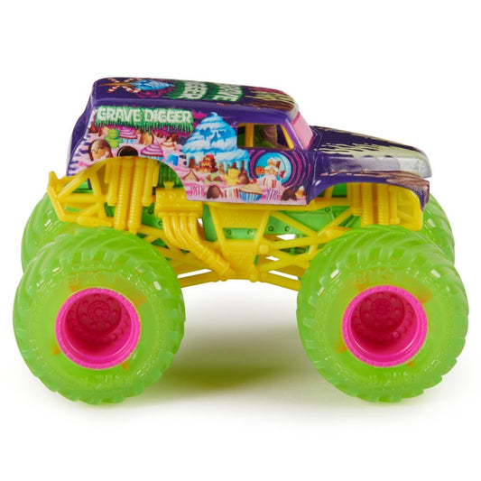 Monster Jam Grave Digger 1-64 side view highlights vivid graphics.