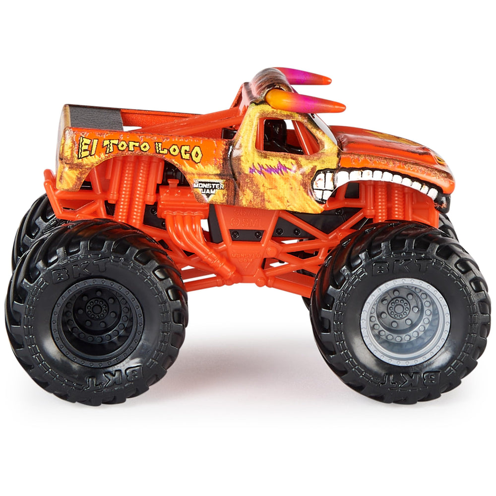 Monster Jam 1:64-scale die-cast trucks with BKT tires and vivid graphics.