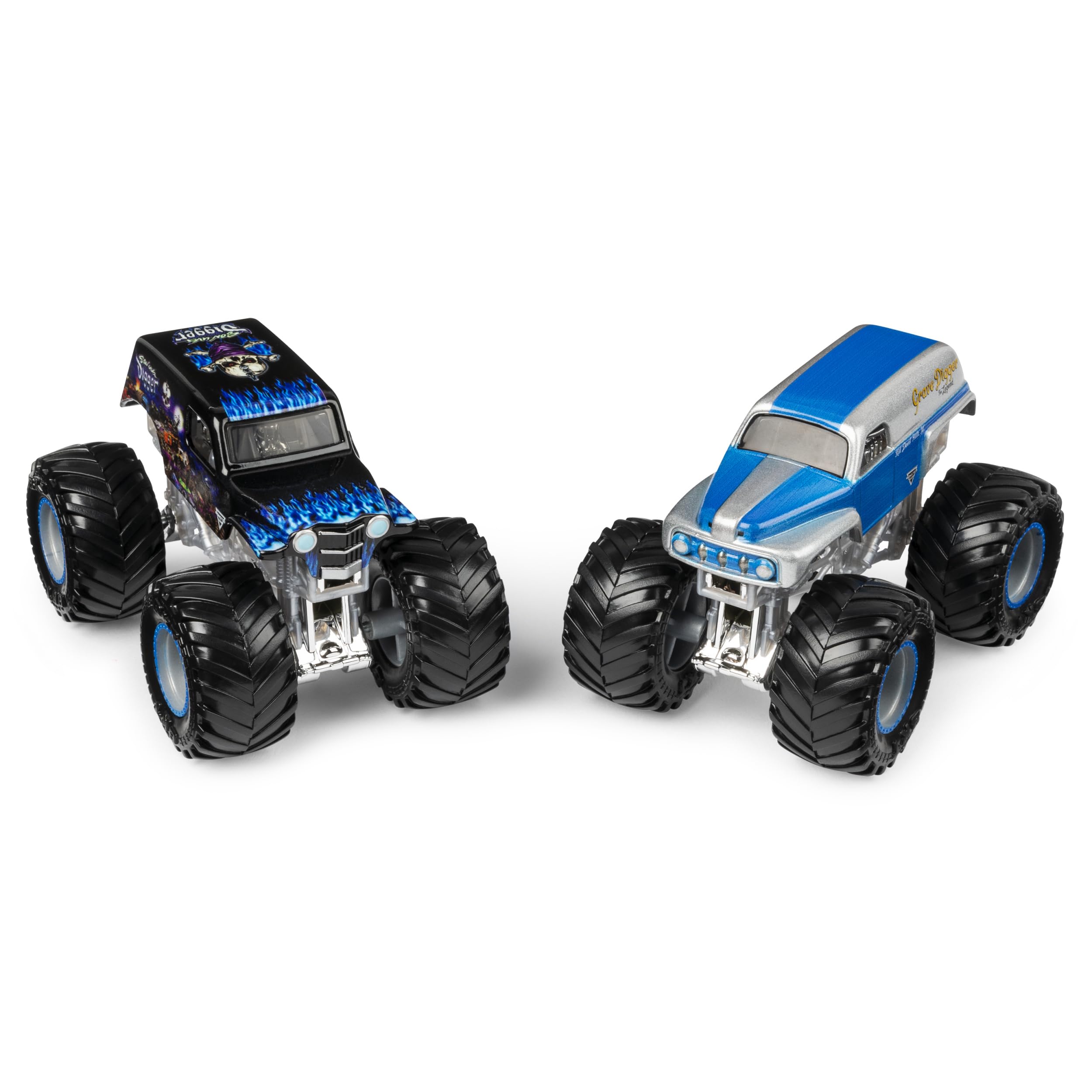 Monster Jam 164-scale die-cast chrome rims detail for realistic collectible look.