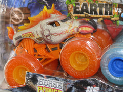 Monster Jam Aqua Stallion truck side view shows vibrant color and motion capability.