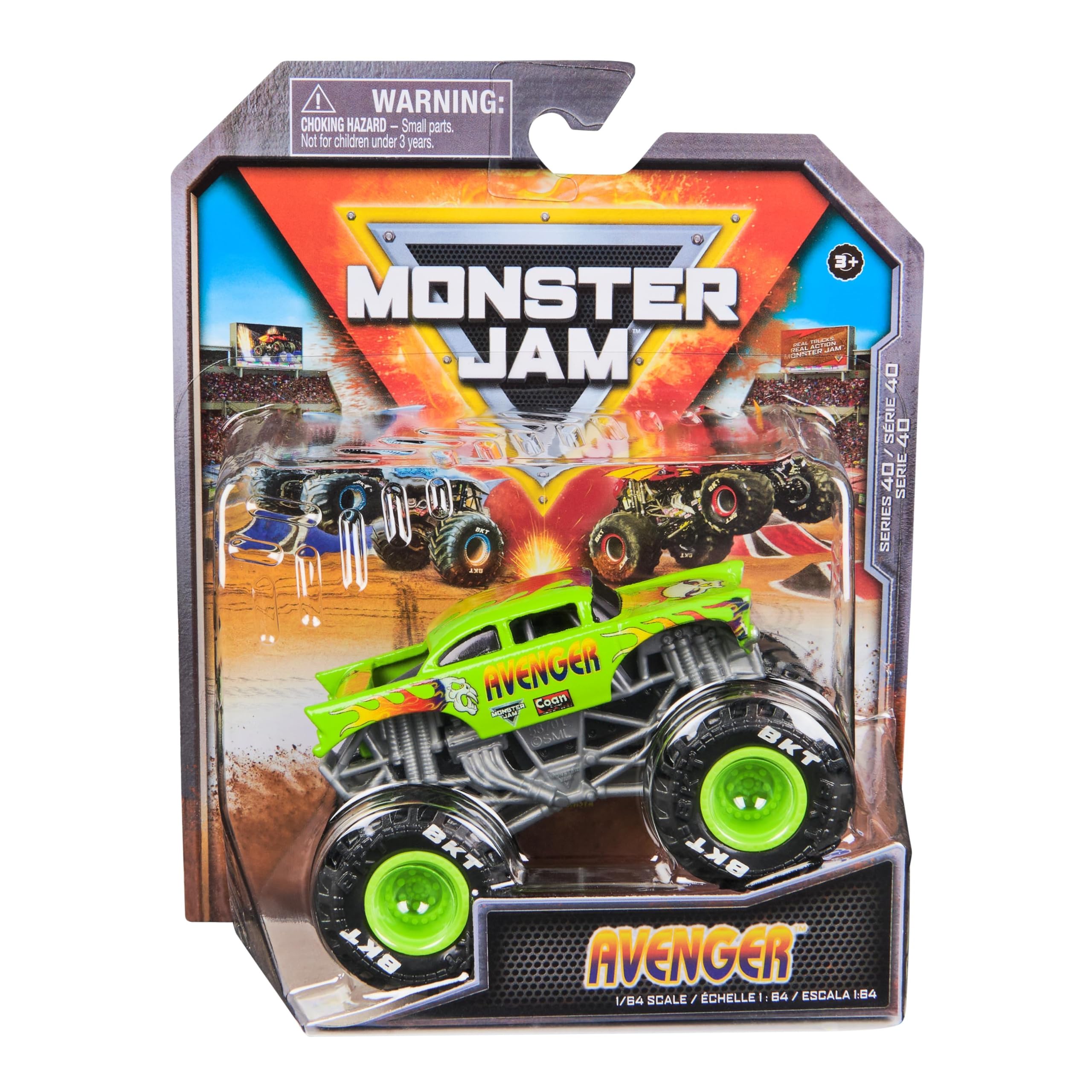 Monster Jam Avenger 1:64 diecast truck with authentic graphics for realistic play.