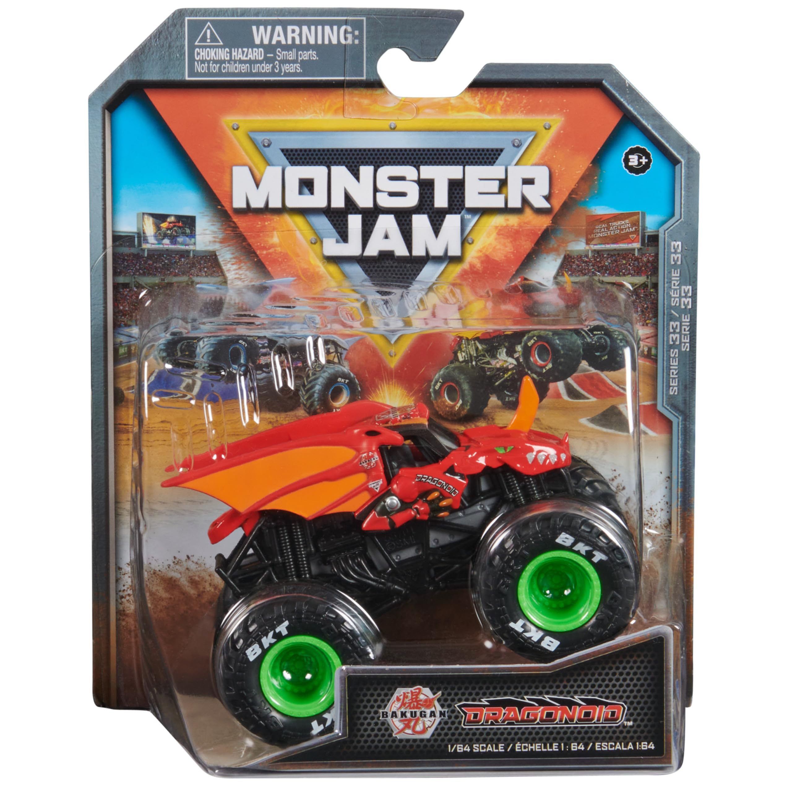 Monster Jam Bakugan Dragonoid truck in 1:64 scale with authentic tires for realistic play.