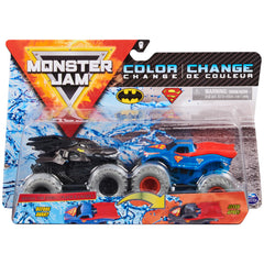 Monster Jam Batman vs Superman color-change truck 1:64 with warm water color reveal.