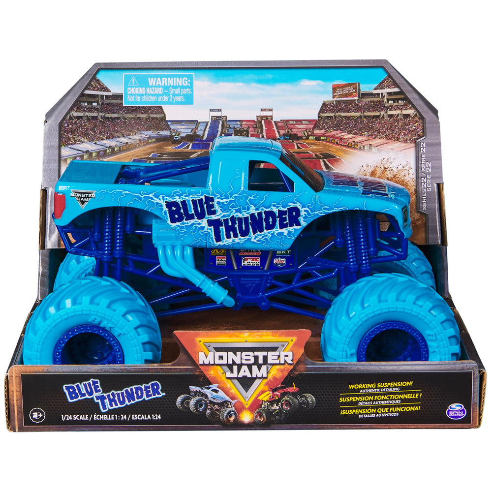 Monster Jam Blue Thunder 1:24 scale truck front view for display and action play