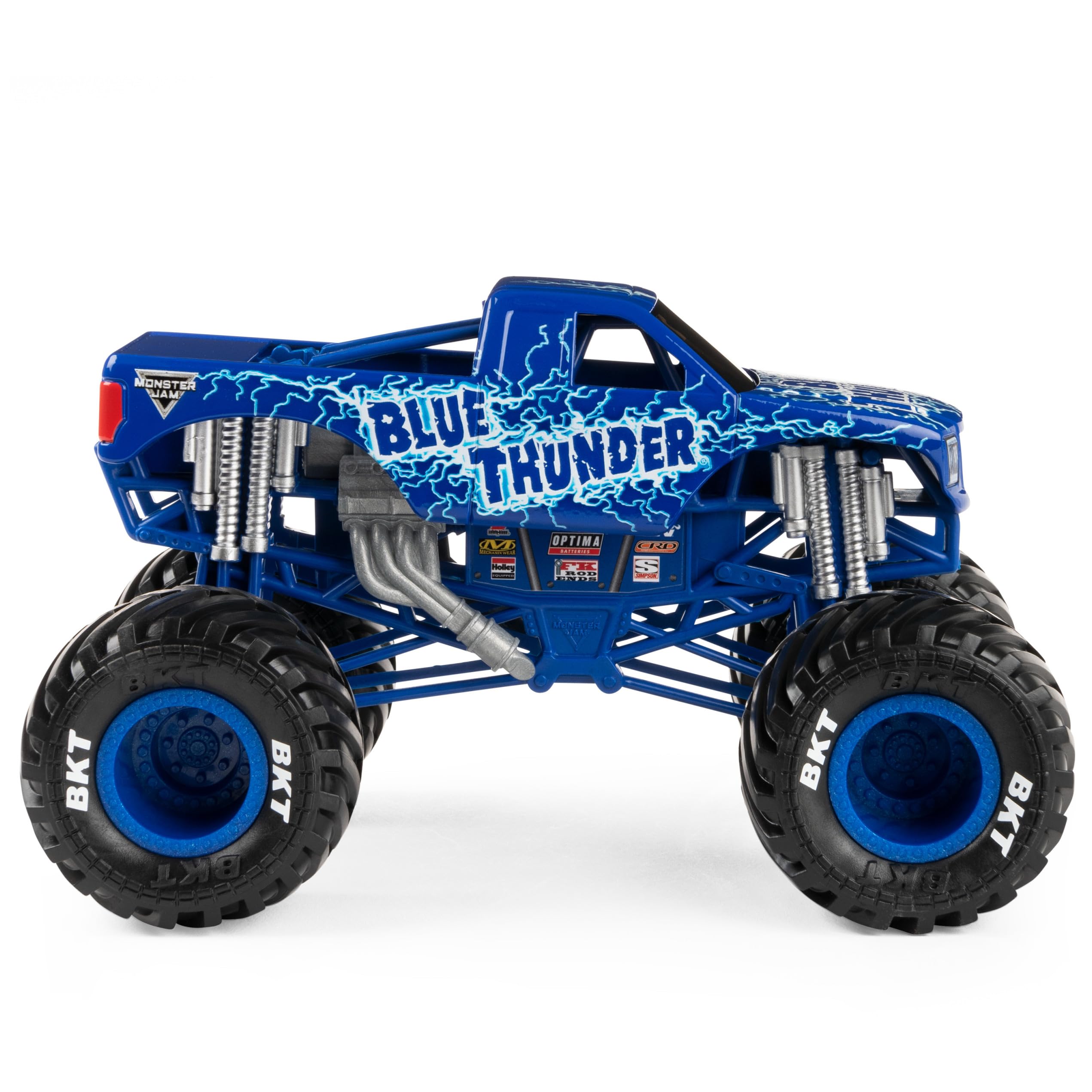 Monster Jam Blue Thunder 1:24 scale truck close-up of graphics and finish for collector-worthy shine.
