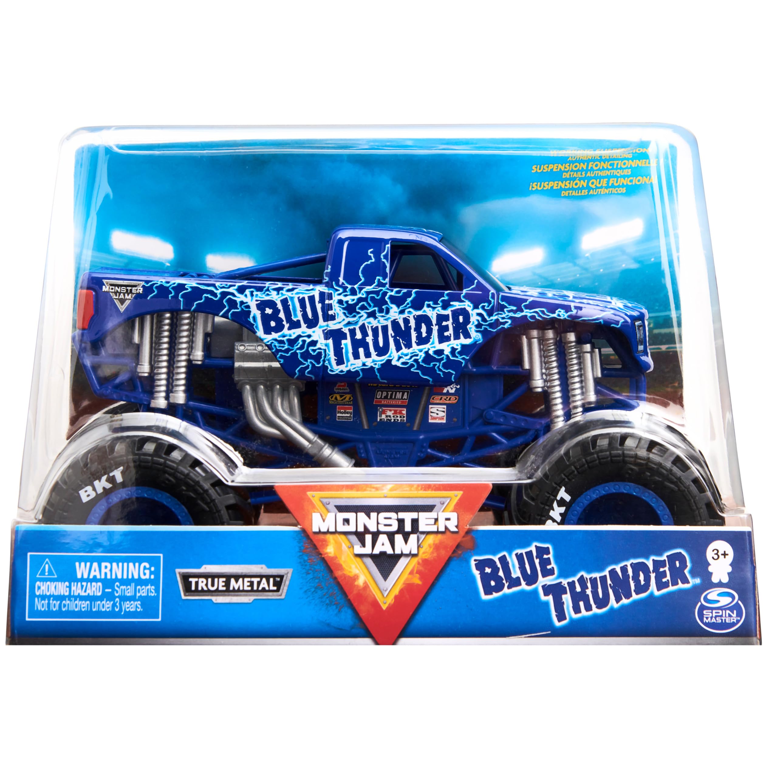 Monster Jam Blue Thunder 1:24 scale truck front view showing authentic graphics for display.