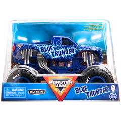 Monster Jam Blue Thunder 1:24 scale truck front view showing authentic graphics for display.
