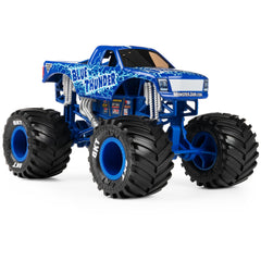 Monster Jam Blue Thunder 1:24 scale truck rear view highlighting durable detail and play appeal.