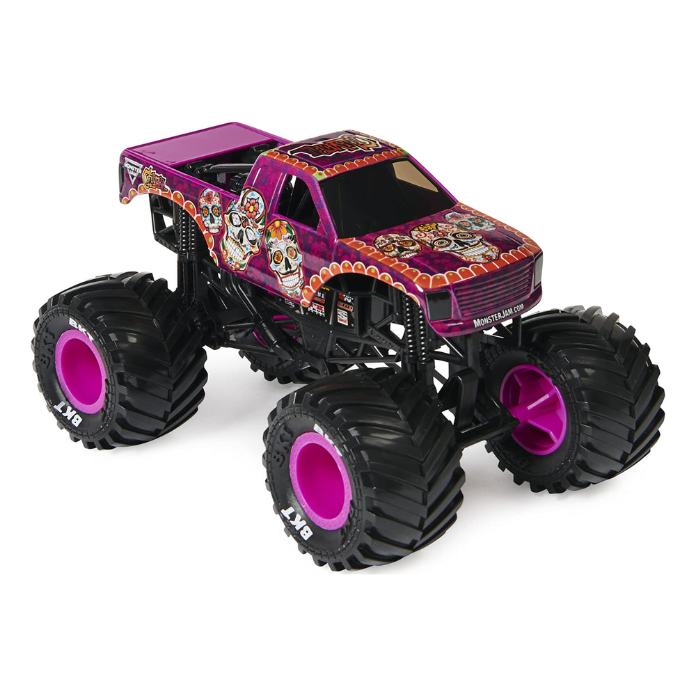 Monster Jam Calavera 1:24 truck front view highlighting working suspension for smooth landings