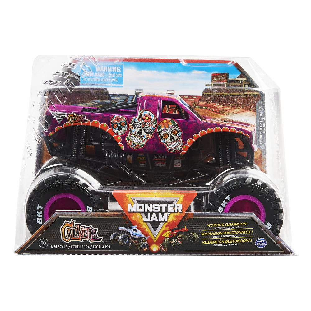 Monster Jam Calavera 1:24 truck side view with rugged BKT tires for strong grip
