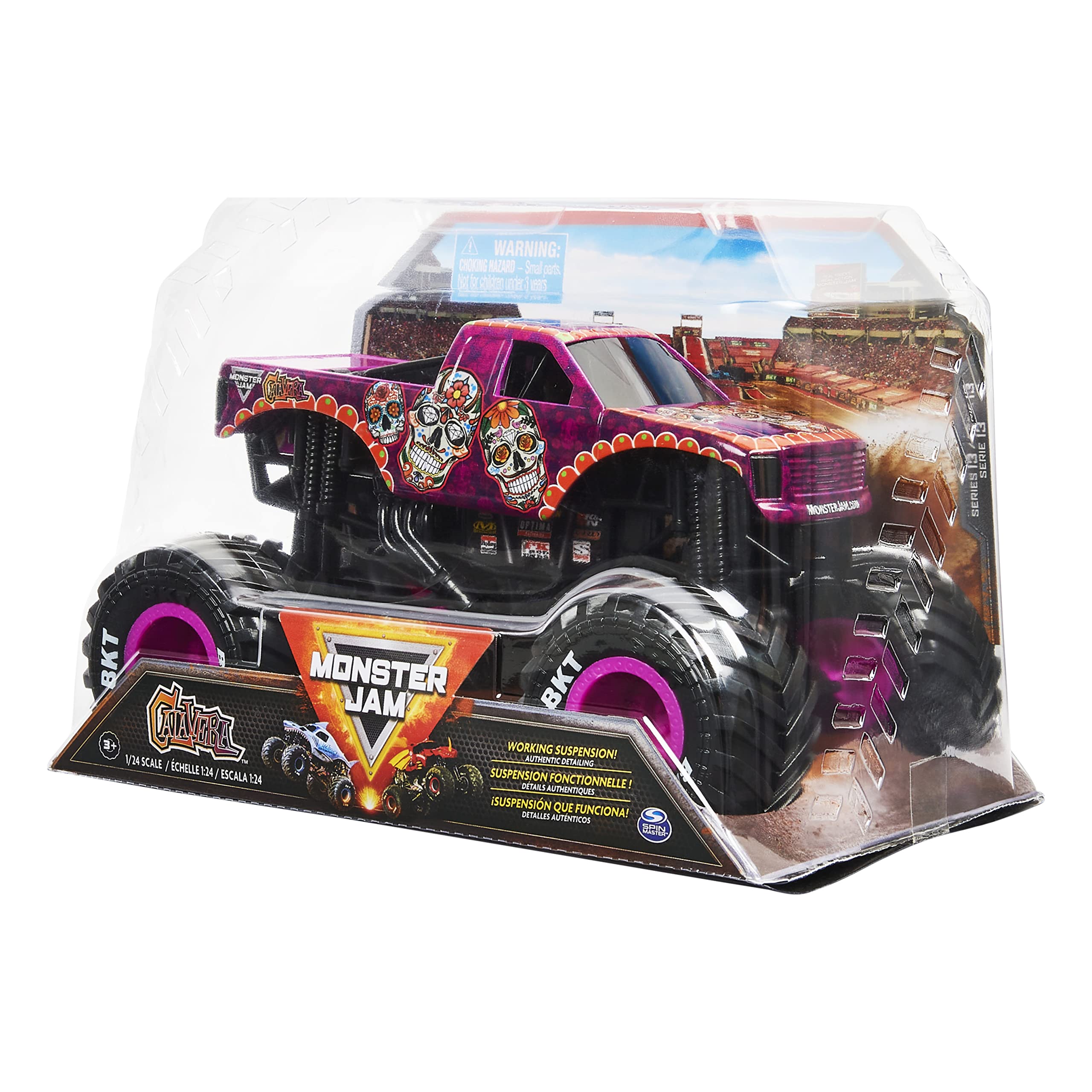Monster Jam Calavera 1:24 tire close-up emphasizing traction on play surfaces