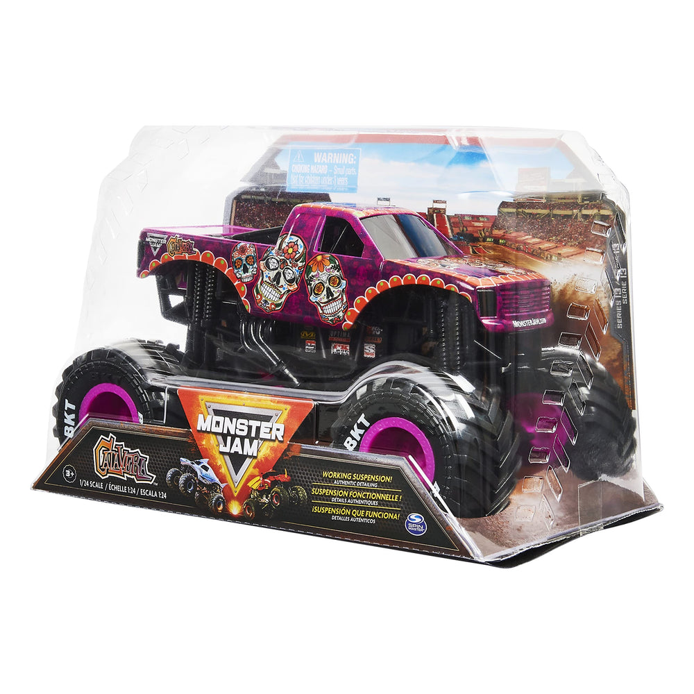 Monster Jam Calavera 1:24 tire close-up emphasizing traction on play surfaces