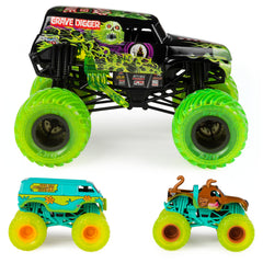 Monster Jam Grave Digger 1:24 die-cast with authentic graphics and BKT tires.