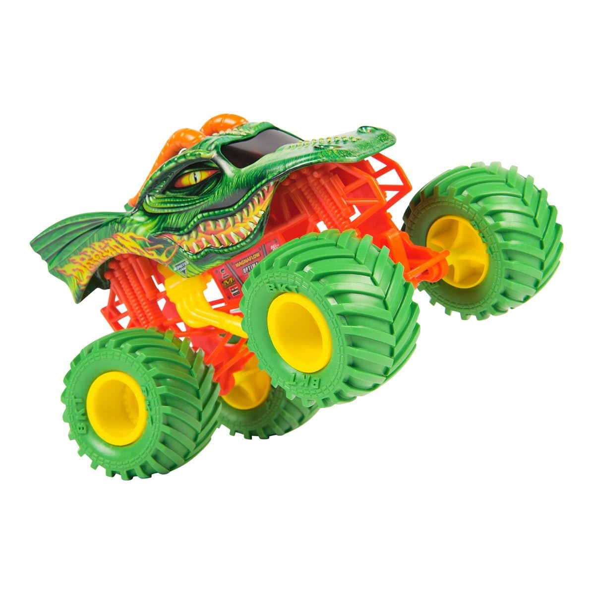 Monster Jam Dragon 1:24 truck close-up of oversized BKT tires for epic stunts