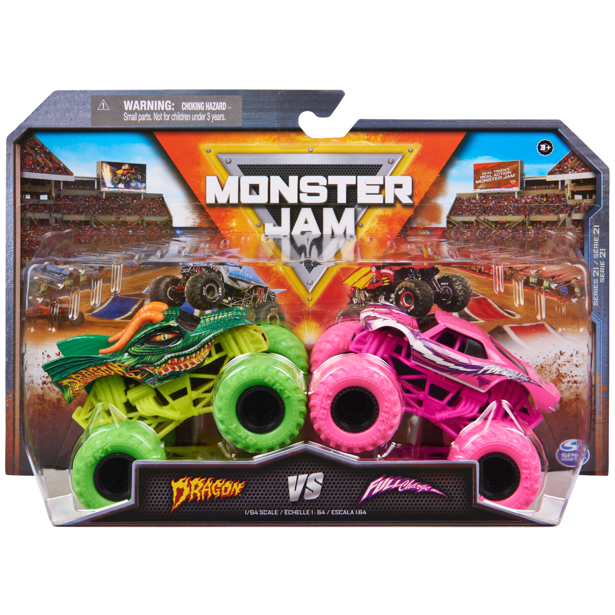 Monster Jam Dragon vs Full Charge front view; durable die-cast trucks for play and display.