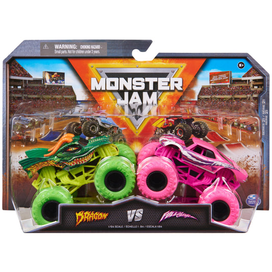 Monster Jam Dragon vs Full Charge front view; durable die-cast trucks for play and display.