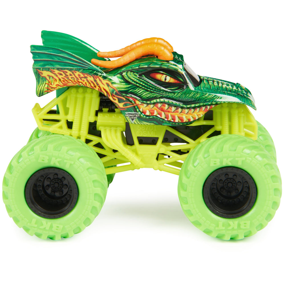 Monster Jam Dragon vs Full Charge side view; ideal for quick races and imaginative play.