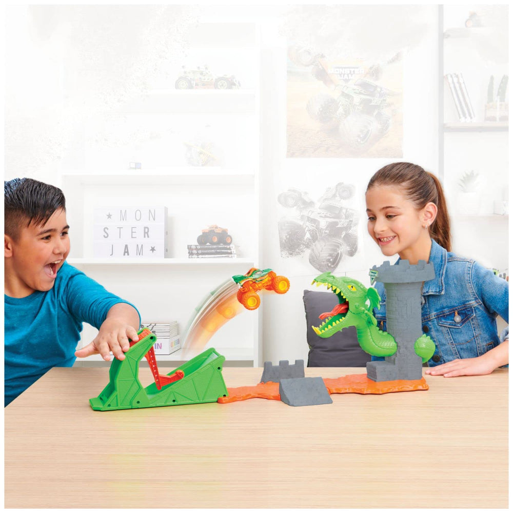 Monster Jam Dueling Dragon Playset castle turret landing showcases precise stunt play.