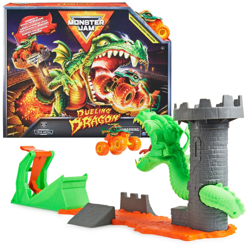 Monster Jam Dueling Dragon Playset with exclusive dragon truck ready for action-packed stunts.