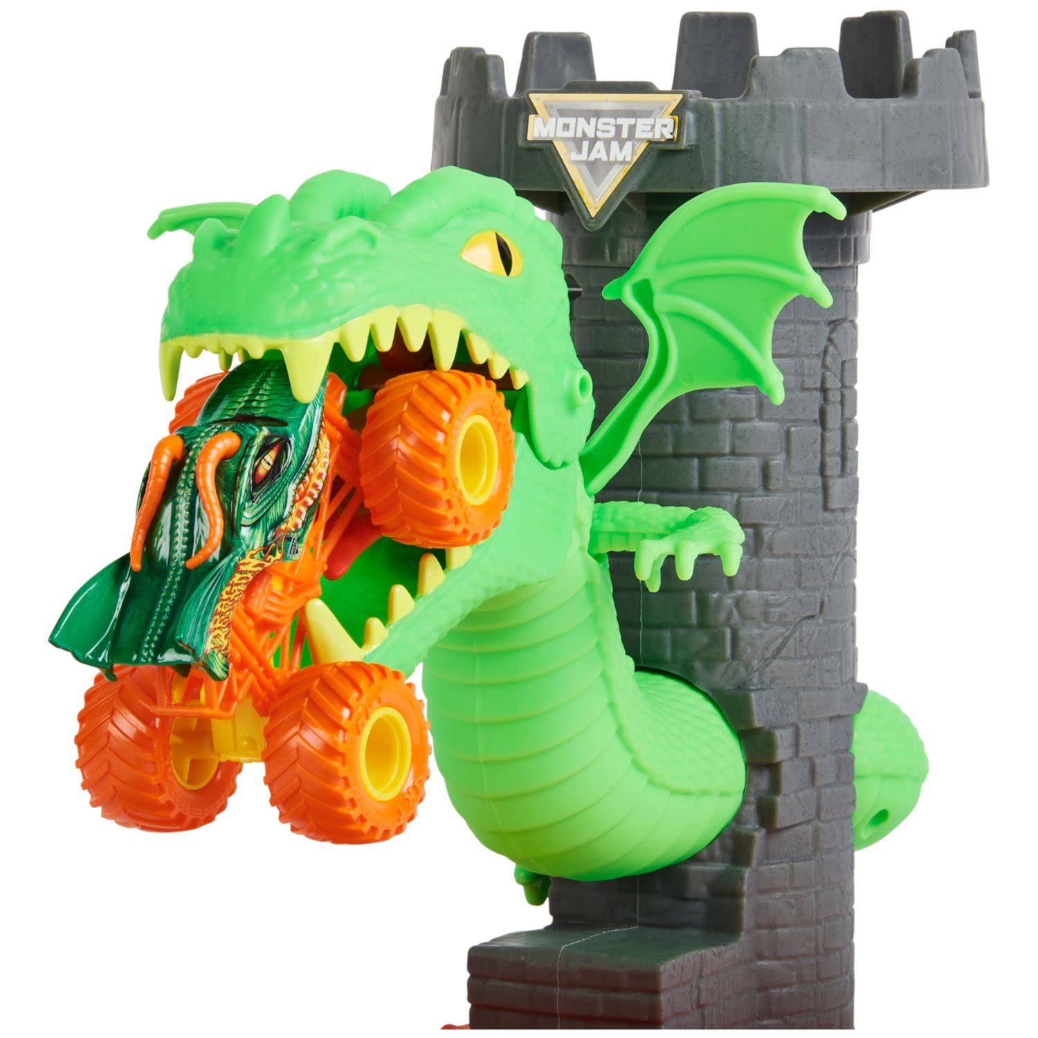 Monster Jam Dueling Dragon Playset exclusive dragon truck enhances collection with authentic graphics.