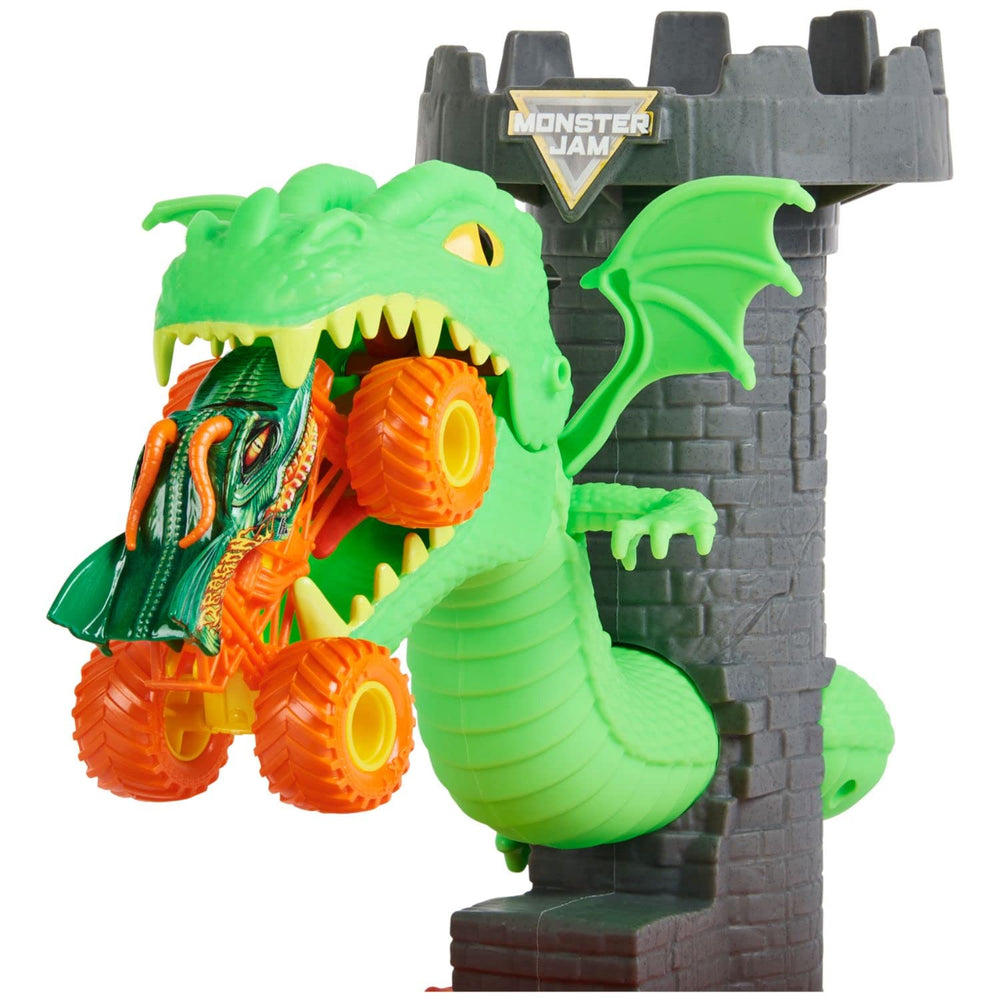 Monster Jam Dueling Dragon Playset exclusive dragon truck enhances collection with authentic graphics.