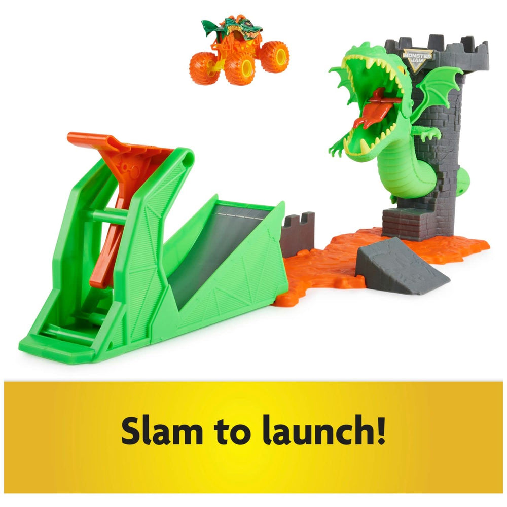 Monster Jam Dueling Dragon Playset lava jump feature enables dynamic launches.