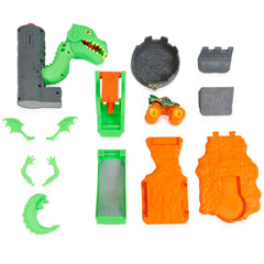 Monster Jam Dueling Dragon Playset side ramps expand stunts and routes.