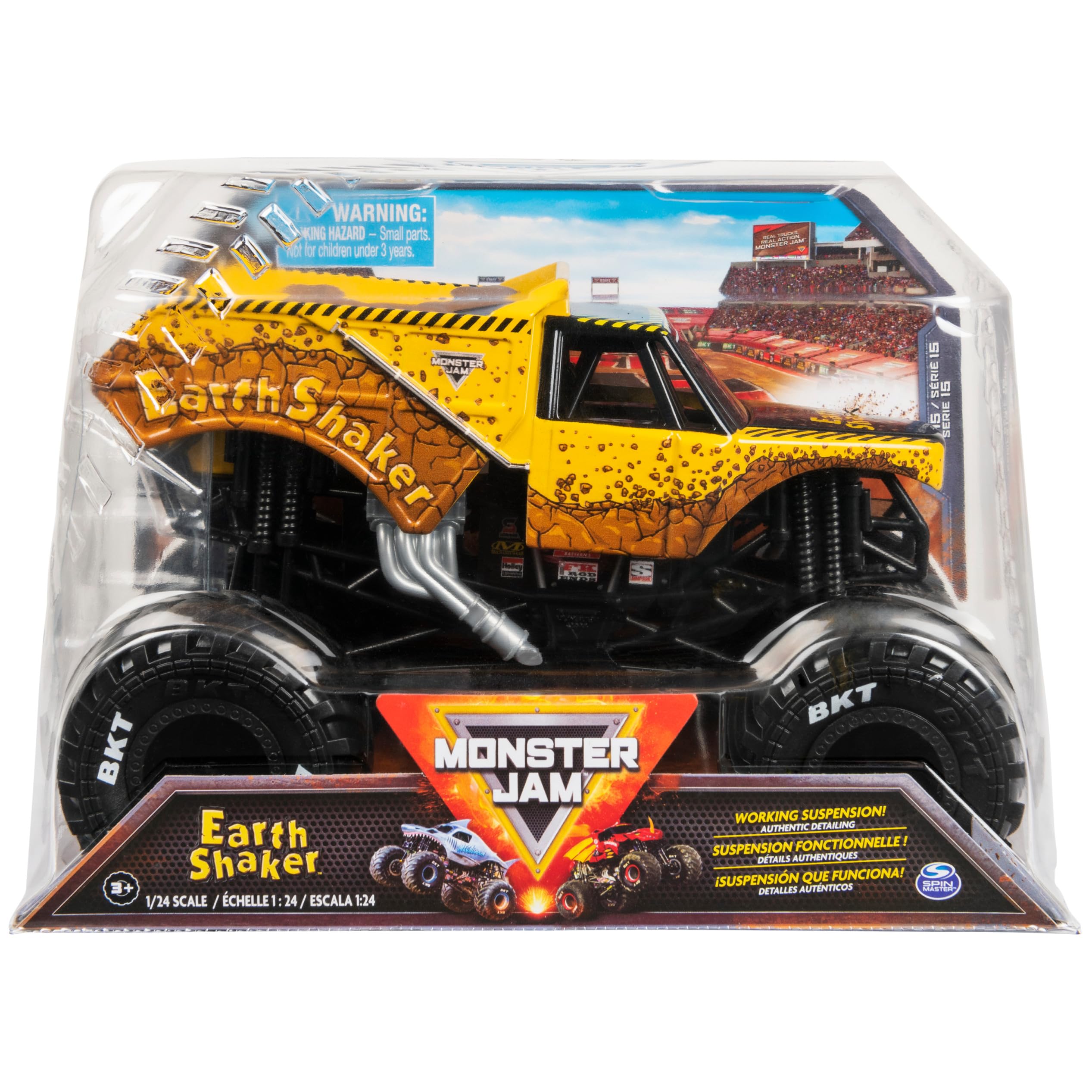 Monster Jam Earth Shaker truck front view with authentic graphics and rugged die-cast build