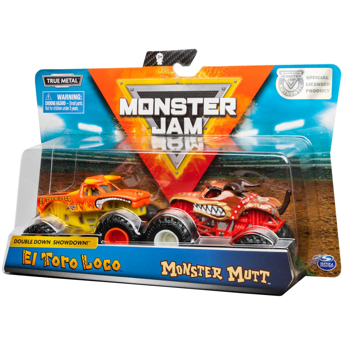 Monster Jam El Toro Loco vs Monster Mutt duo pack on chrome chassis for display and play