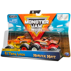 Monster Jam El Toro Loco vs Monster Mutt duo pack on chrome chassis for display and play