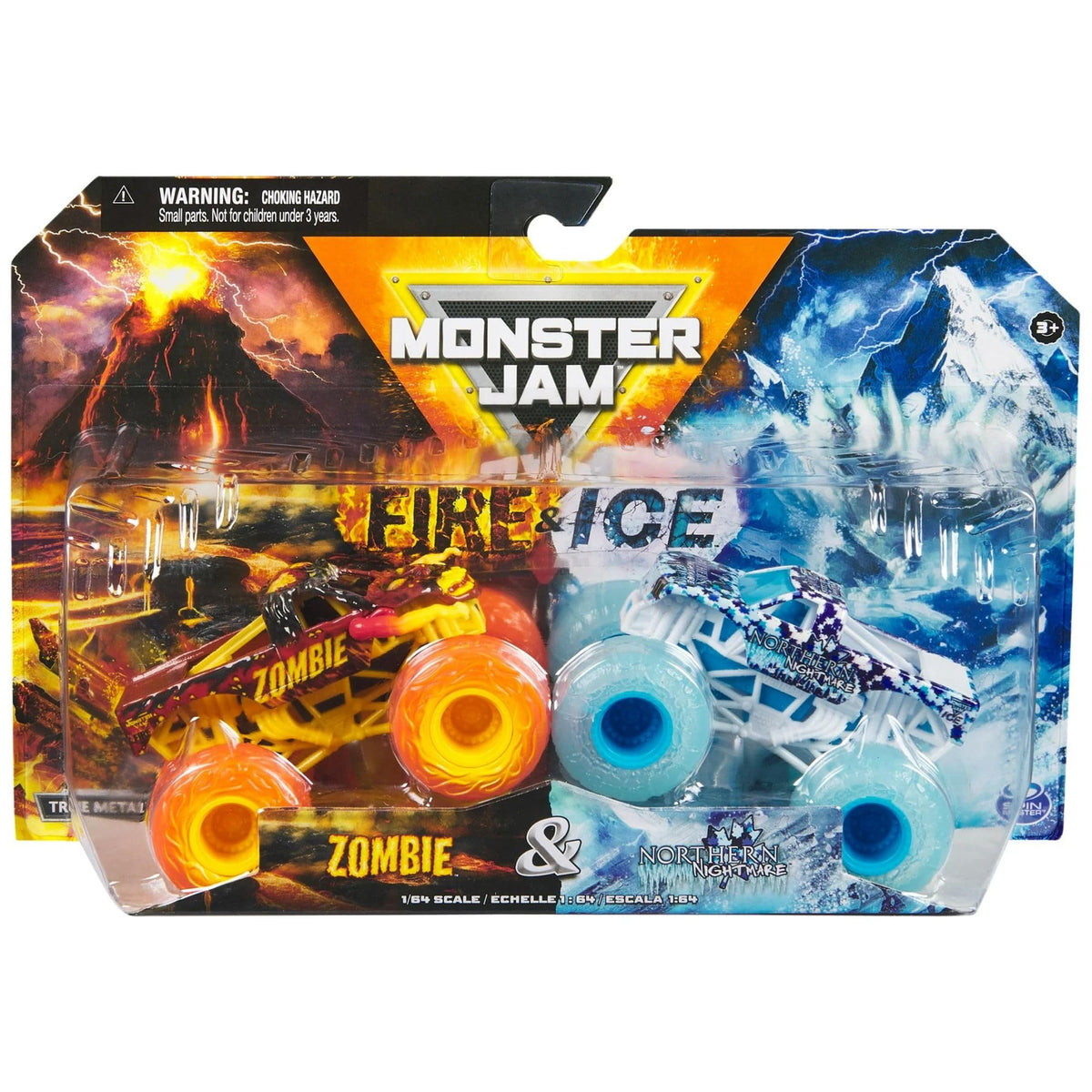 Monster Jam Fire and Ice 1:64 Zombie and Northern Nightmare die-cast trucks for display and play