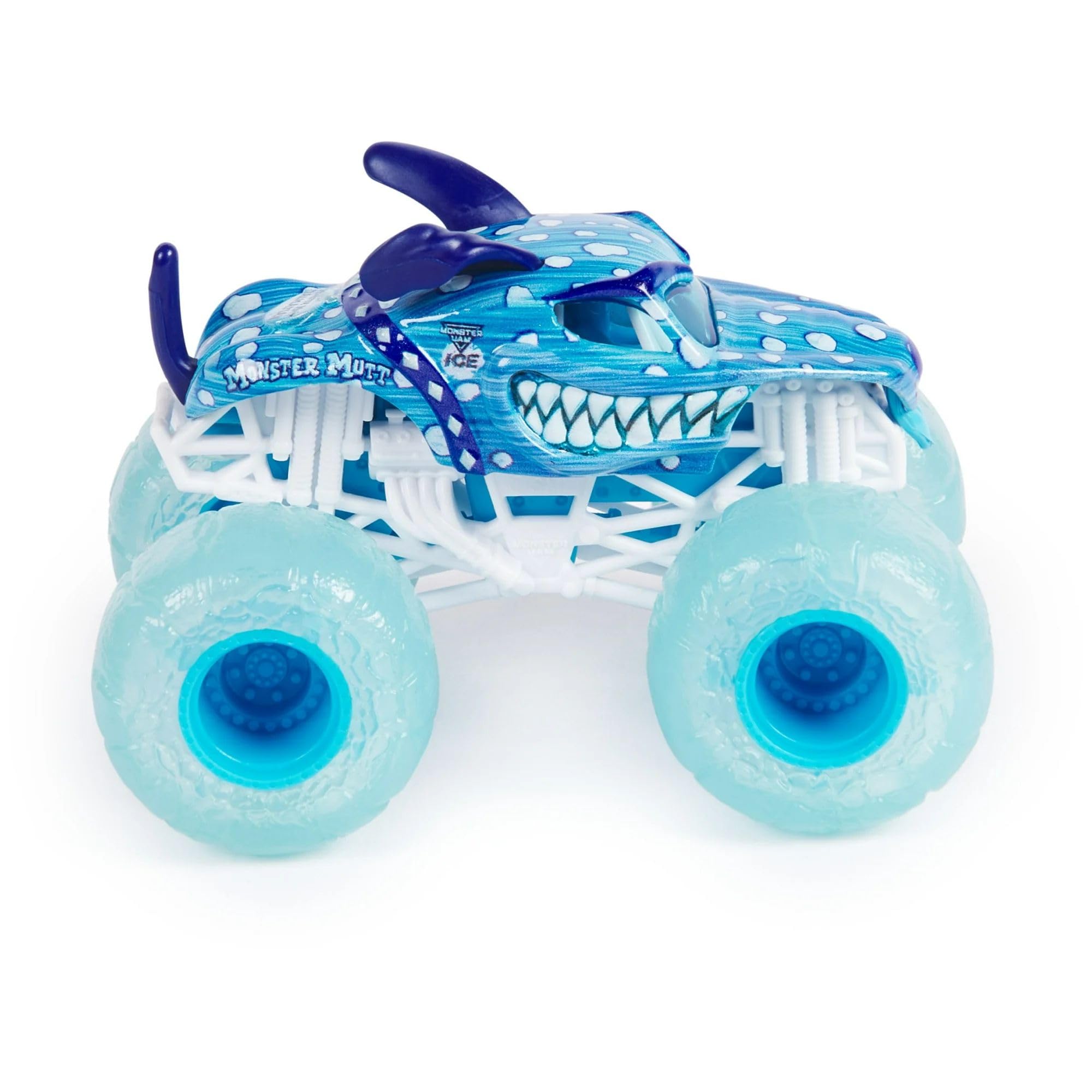 Monster Jam Fire and Ice 1:64 diecast pack closeup with detailed graphics.