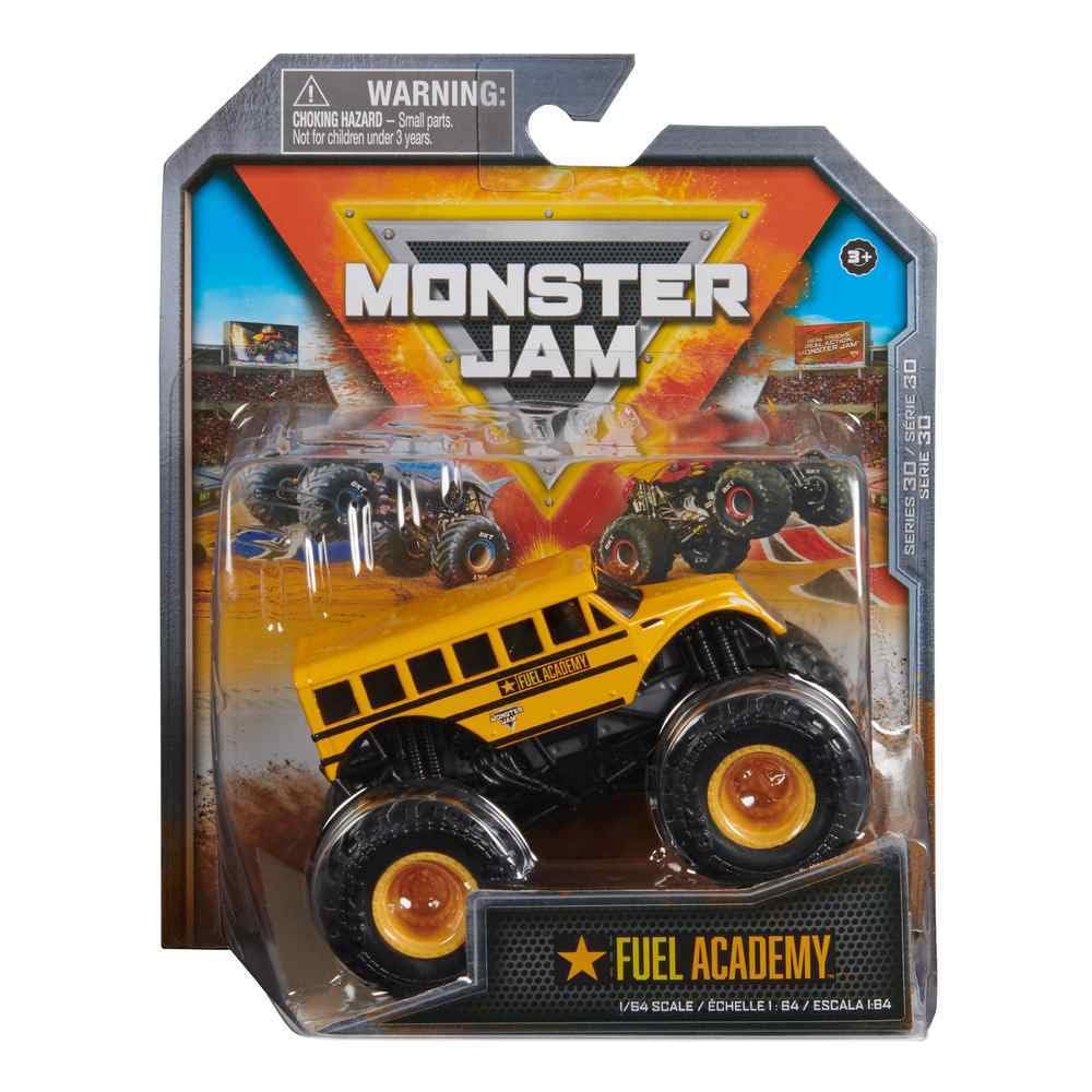 Monster Jam Fuel Academy School Bus front view, 1:64 scale, ideal for display and collection