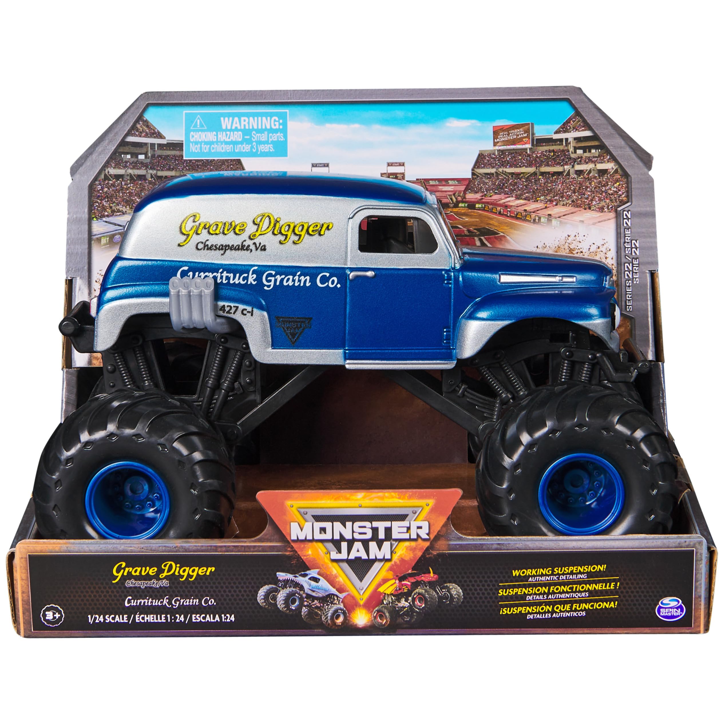 Monster Jam Grave Digger 1:24 graphics showcase bold details for display and play.