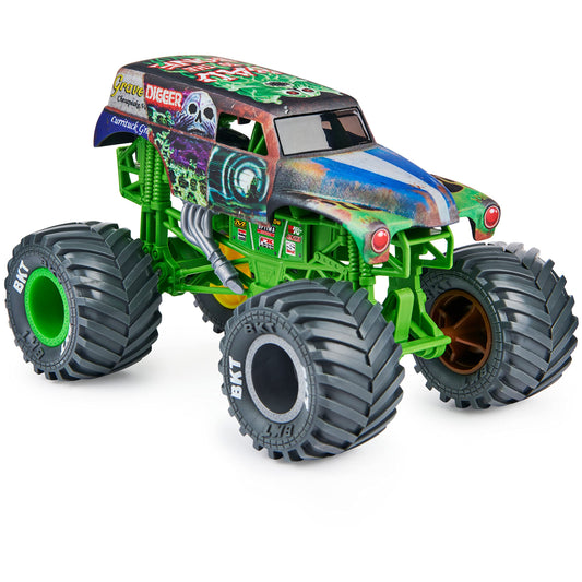 Monster Jam Grave Digger 1:24 scale truck rear view highlights rugged bumper and sturdy stand