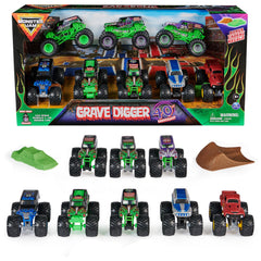 Monster Jam Grave Digger 40th Anniversary 8-Pack trucks with authentic BKT tires for action play