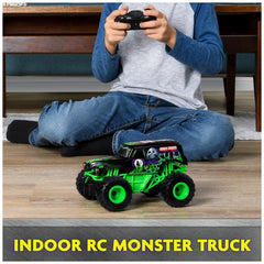 Monster Jam Grave Digger RC truck details highlight authentic graphics and oversized tires.